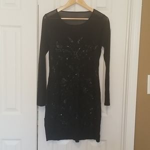 Mini Sheer Long Sleeve Black Sequined Dress